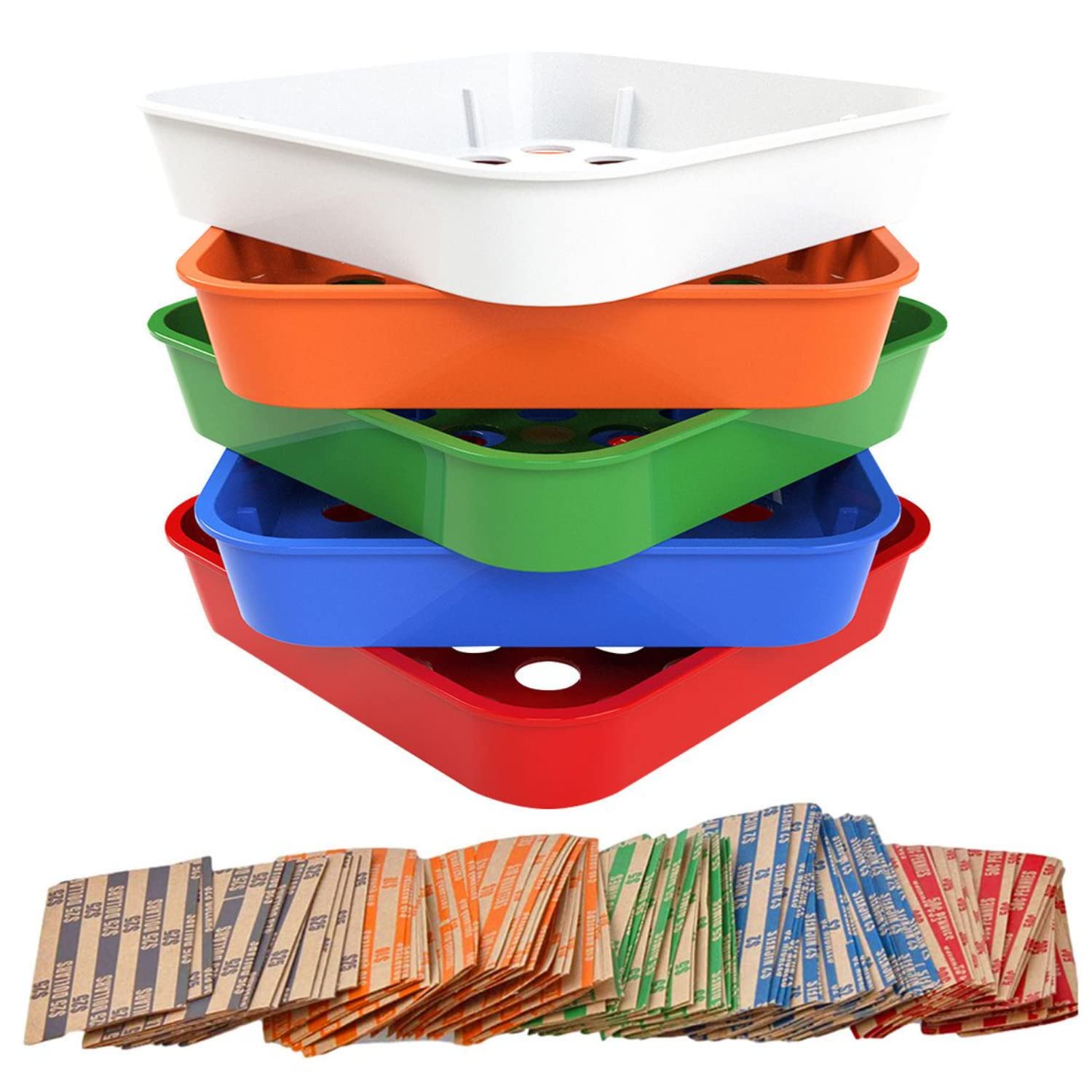 Coin Sorting Tray And Coin Separator- 5 Color-Coded Change Sorter Tray Bundled With 110 Assorted Flat Coin Counting Tray For Us